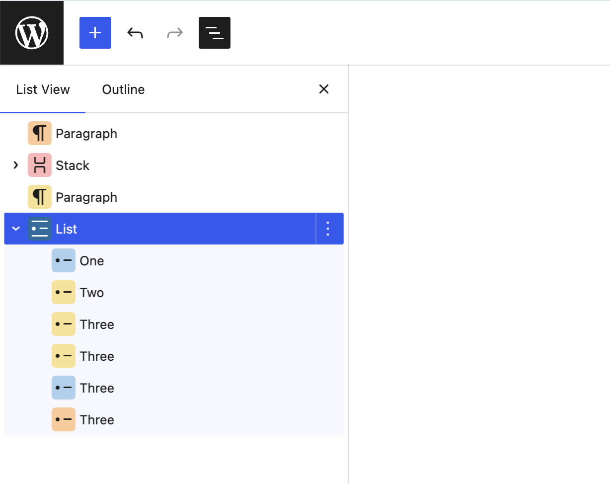 Color-coded parent and child blocks in List View