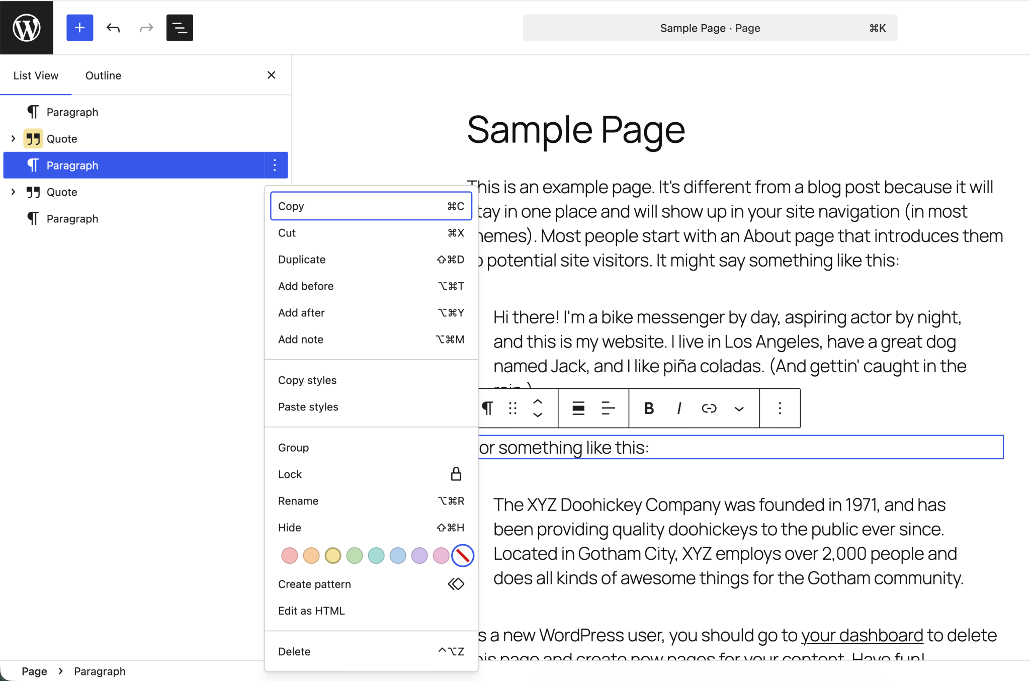 Sidebar Colors controls in the block settings menu and List View