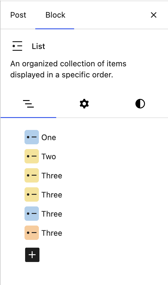 Color controls for individual List block items in the block settings sidebar